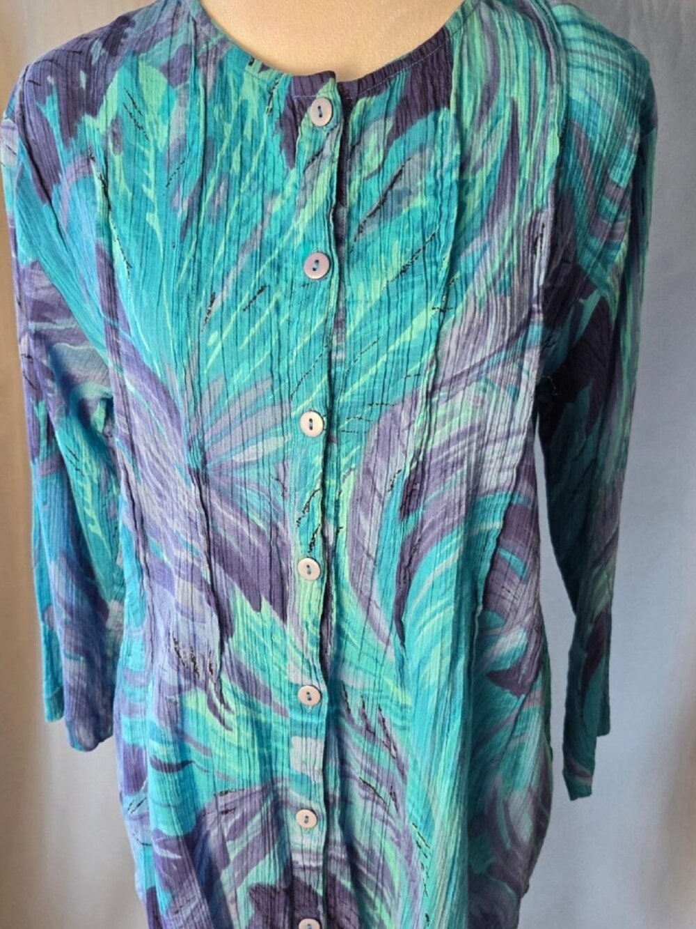 •	Phool Artsy Boho Chic Top Teal Purple Crinkled Button Up Blouse 3/4 Sleeve L